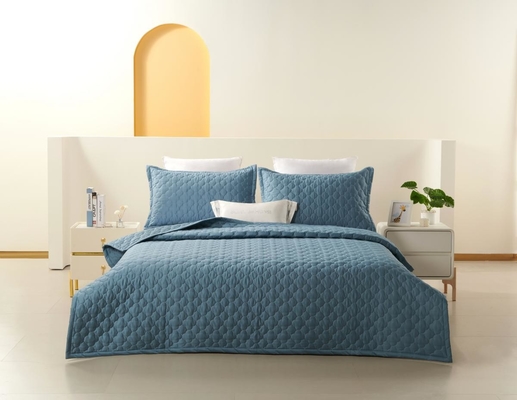 100% Cotton Blue Quilt Set Solid King Size Comforter Set Breathable