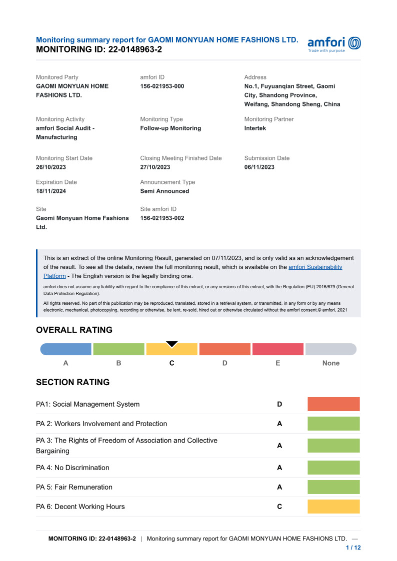 China Gaomi Monyuan Home Fashions Ltd. Certification